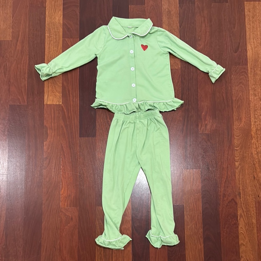 Green Kids Pajamas with Heart Detail